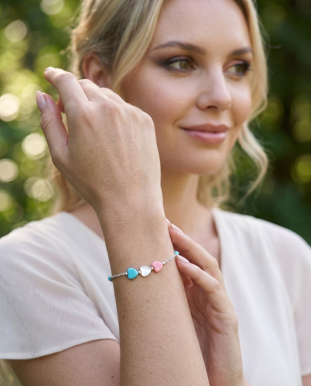 Ασημένιο Βραχιόλι με Παστέλ Καρδιές και Τιρκουάζ